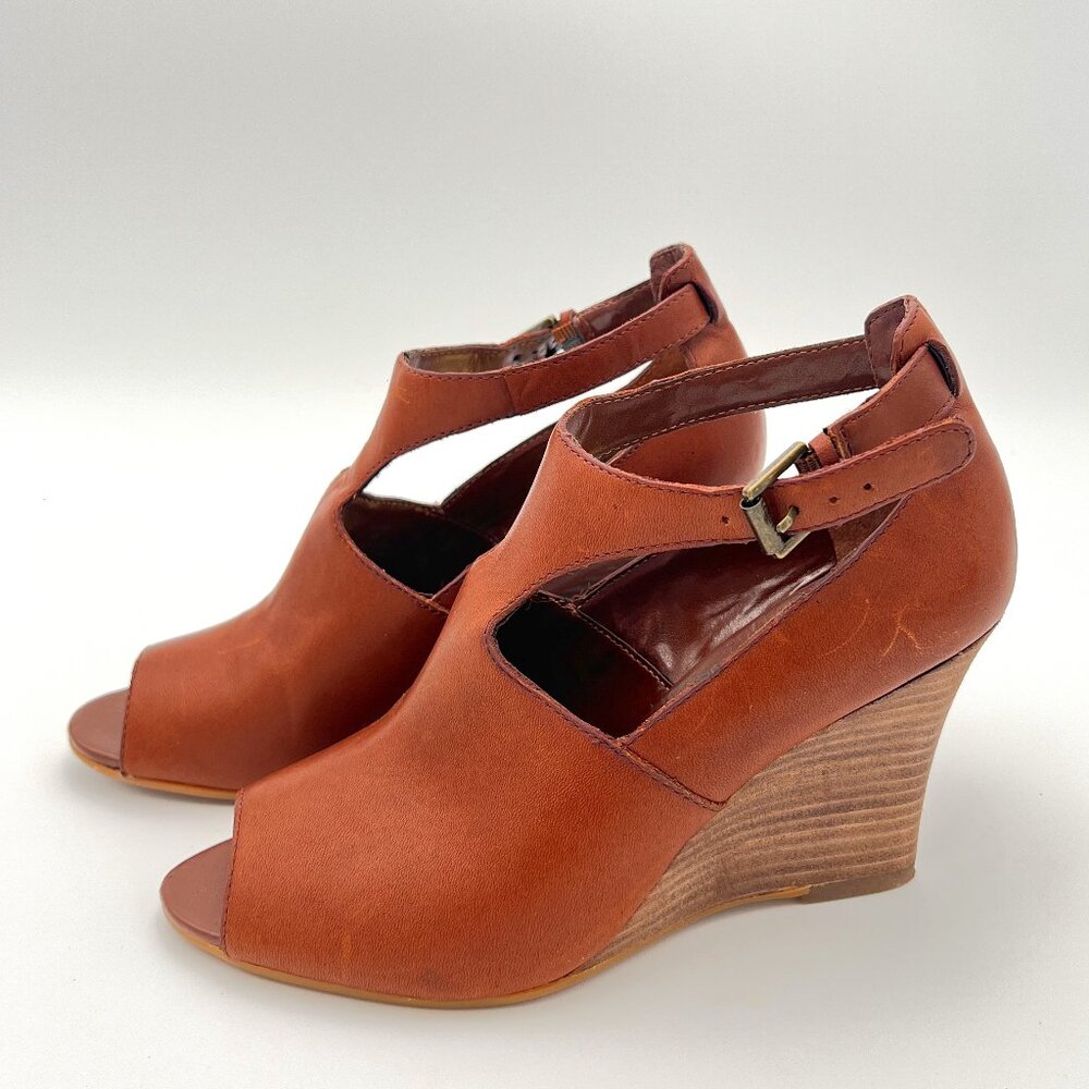 Ralph Lauren Hannie Brown T Strap Peep Toe High Heel Wedge Sandals Leather Sz 6